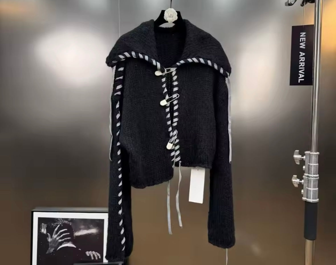 Women Fashion B&W Lace Up Full Sleeve Sweater Top