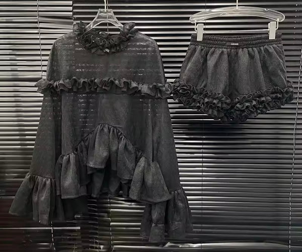 Women Ruffled Lace Full Sleeve Two Piece Short Set