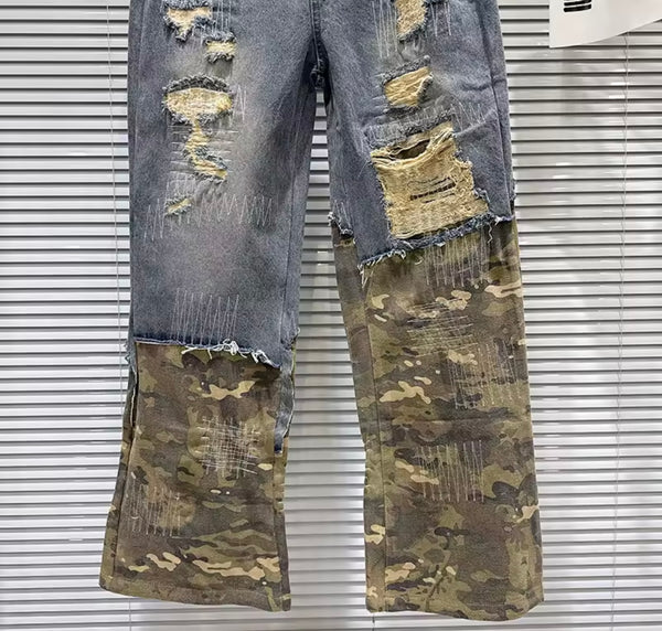 Women Fashion Blue Ripped Camouflage Denim Pants
