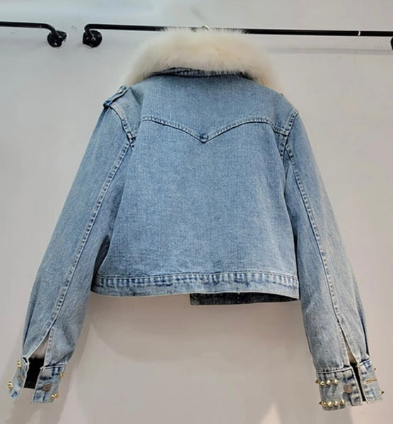 Women Fashion Faux Fur Patchwork Denim Color Crystal Jacket