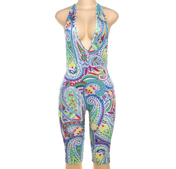 Women Multicolored Print Sexy Halter Sleeveless Romper