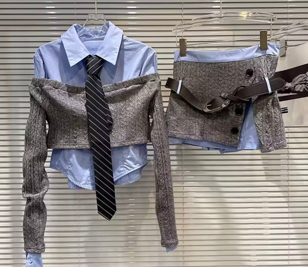 Women Fashion Tie Button Up Knitted Three Piece Skirt Set