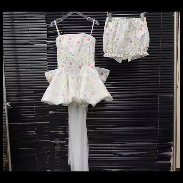Women Floral Strapless Bow Two Piece Dress Set