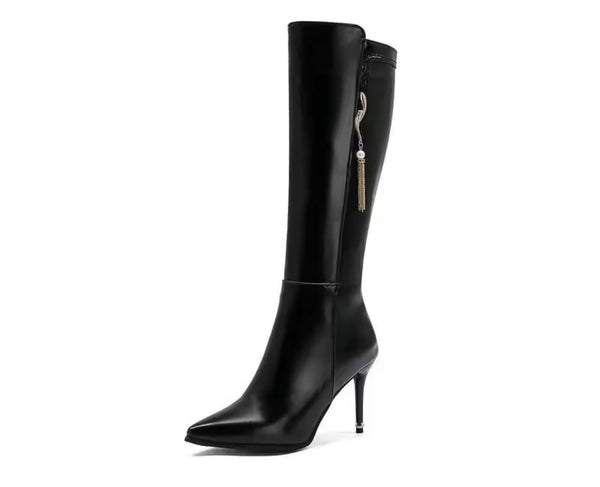 Women Pointed Toe Chain Tassel Knee High Fashion Boots