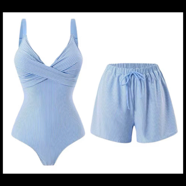 Women Blue Striped Swimsuit Shorts Cover Up Set