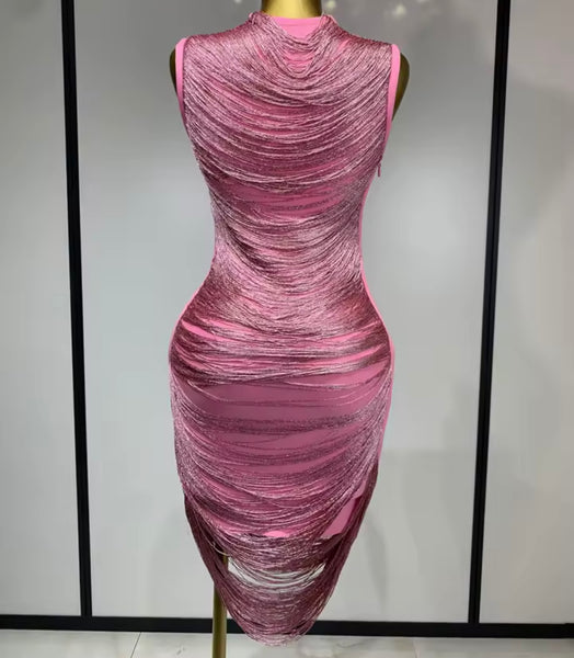 Women Pink Sleeveless Tassel Sexy Dress