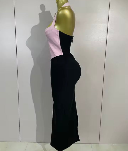 Women Sexy Color Patchwork Halter Sleeveless Maxi Dress