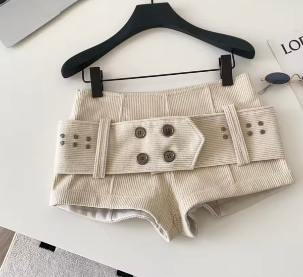 Women Fashion Corduroy Button Belted Shorts