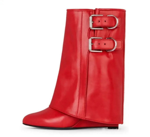 Women Fashion Faux Leather Buckled Wedge Ankle Boots