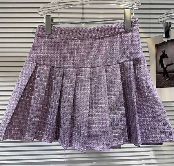 Women Fashion Rhinestone Tweed Pleated Skirt