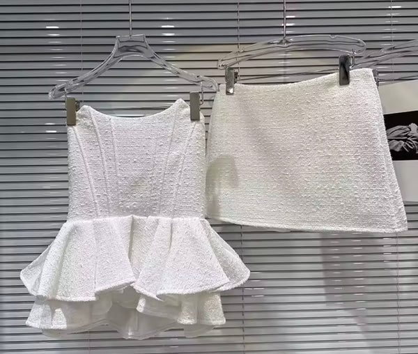 Women Sexy Strapless Tweed Ruffle Two Piece Skirt Set