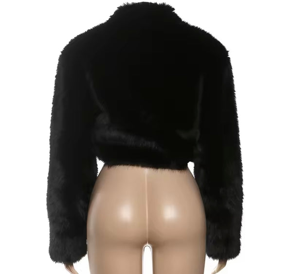 Women Black Fashion Faux Fur Crop Jacket