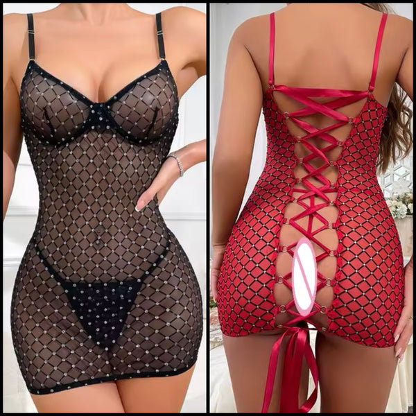 Women Sexy Sleeveless Mesh Bling Open Lace Up Back Lingerie