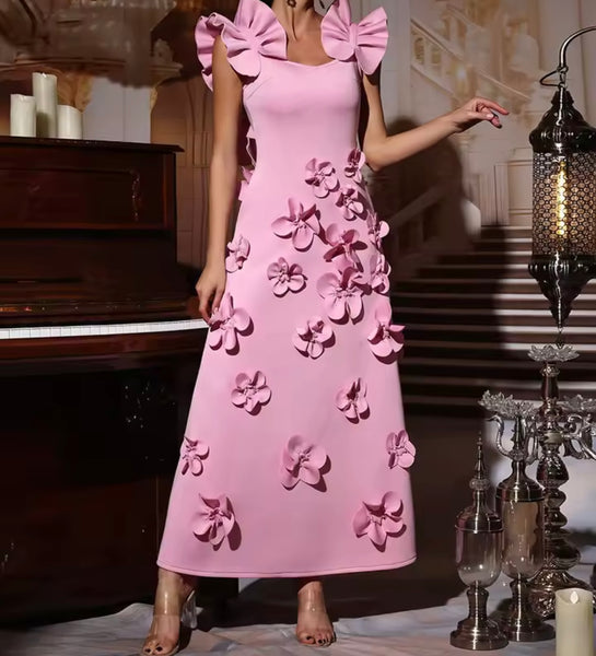 Women Sexy Ruffled Sleeveless 3D Floral Maxi Dress