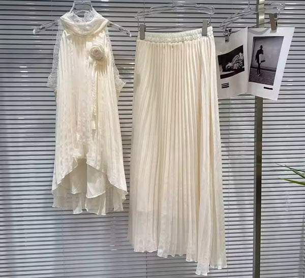 Women Sleeveless Pleated Two Piece Maxi Skirt Set
