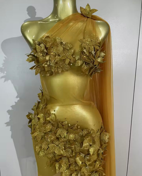 Women Sexy One Shoulder Sleeveless 3D Floral Mesh Maxi Dress