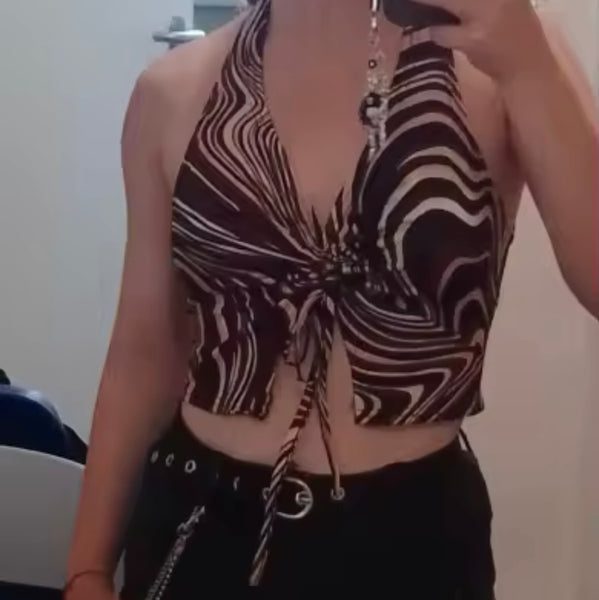 Women Sexy Multicolored Print Halter Sleeveless Crop Top