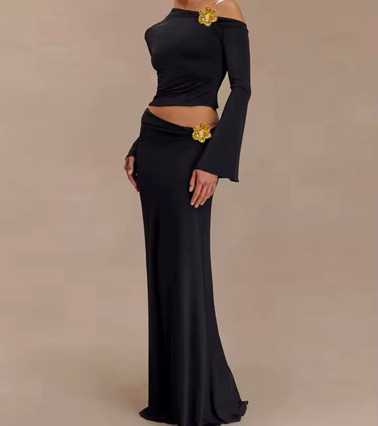 Women Sexy Solid Color Gold Floral Full Sleeve Two Piece Maxi Skirt Set