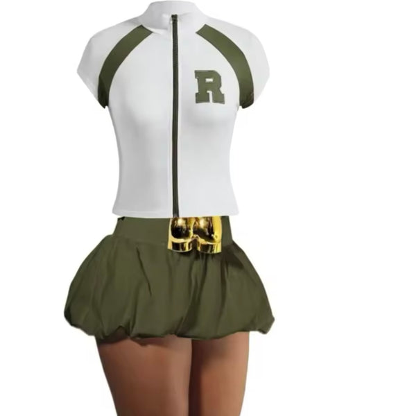 Women Letter Zip Up Short Sleeve  Sexy Two Piece Skirt Set