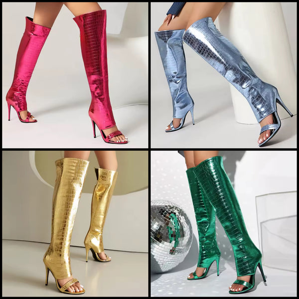 Women Fashion Open Toe Metallic Knee High Boots