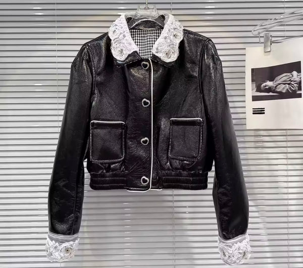 Women B&W Lace Faux Leather Heart Button Up Jacket