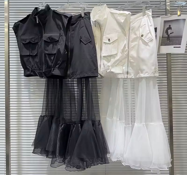 Women Zip Up Sleeveless Vest Two Piece Ruffled Mesh Skirt Set
