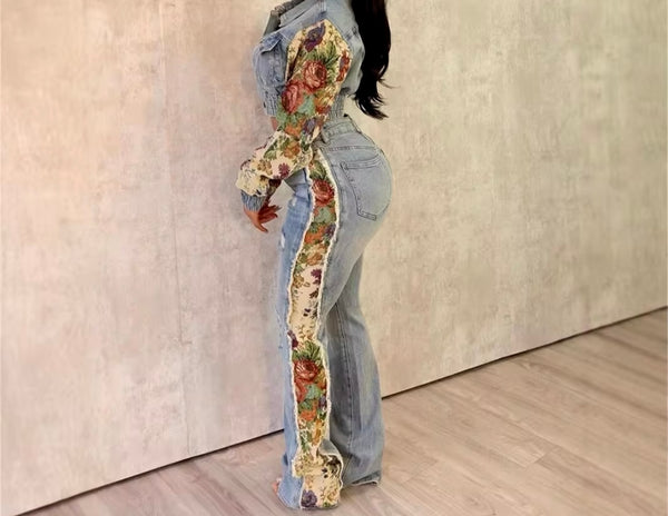 Women Fashion Floral Patchwork Two Piece Denim Jacket Pant Set