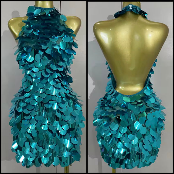 Women Sexy Sequins Halter Sleeveless Open Back Dress