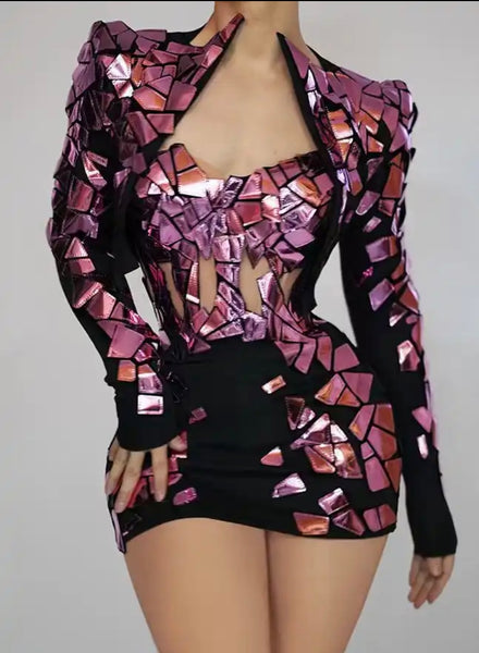 Women Sexy Metallic Color Patchwork Strapless Dress Jacket Set