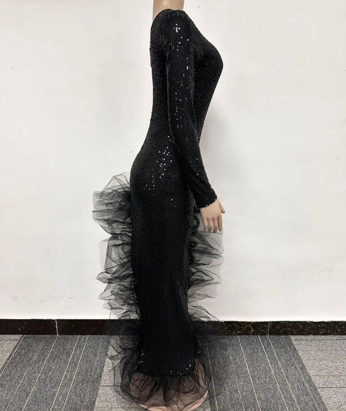 Women Sexy One Shoulder Full Sleeve Sequins Ruffled Maxi Dress