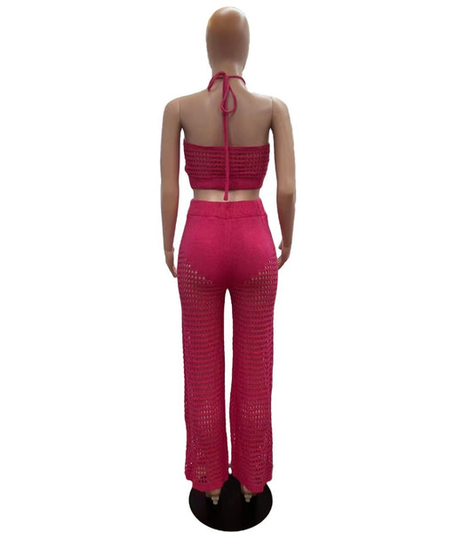 Women Pink Sexy Sleeveless Knitted Two Piece Pant Set