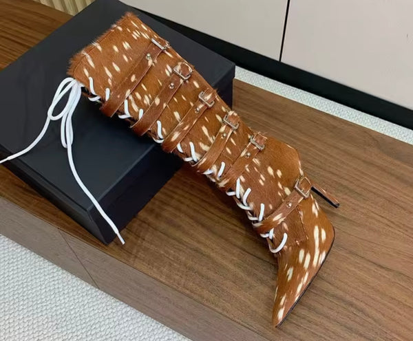 Women Fashion Mohair Lace Up Buckled Knee High Boots