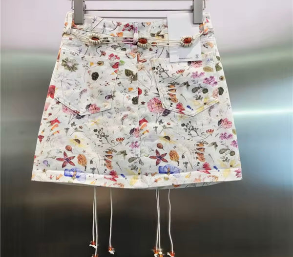Women Sexy Fashion Floral Belted Denim Skirt