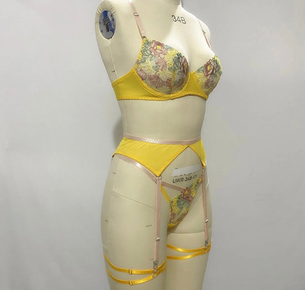 Women Sexy Yellow Floral Lingerie Set