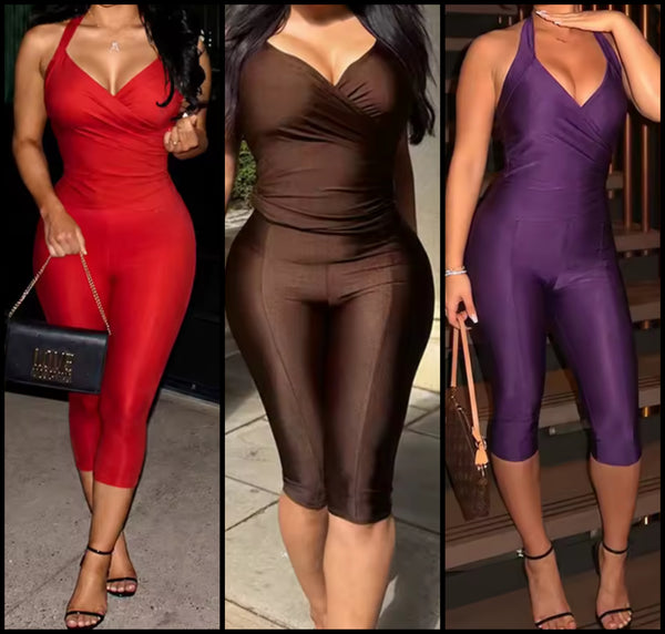 Women Halter Sleeveless Color Fashion Two Piece Capri Pant Set
