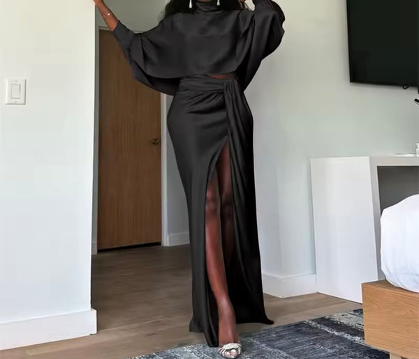 Women Sexy Full Sleeve Ruched Split Two Piece Maxi Skirt Set
