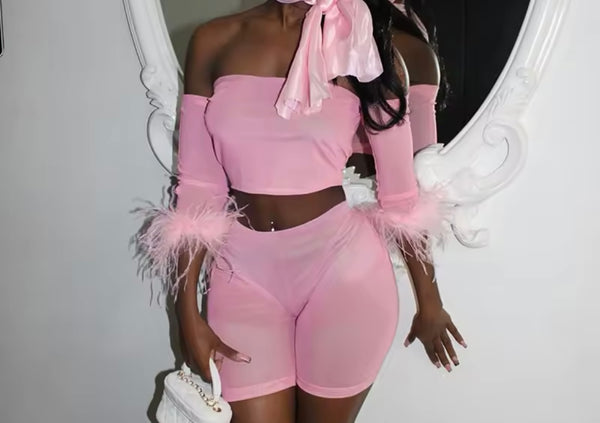 Women Sexy Strapless Feather Sleeve Mesh Two Piece Short Set