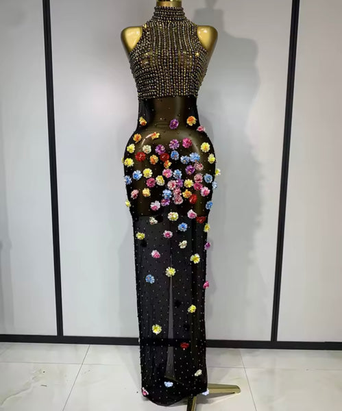 Women Sexy Sleeveless Bling Floral Mesh Maxi Dress