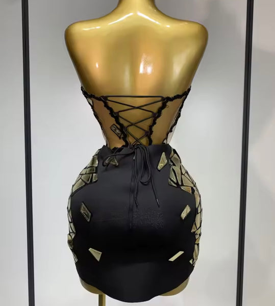 Women Sexy Metallic Color Patchwork Strapless Dress Jacket Set