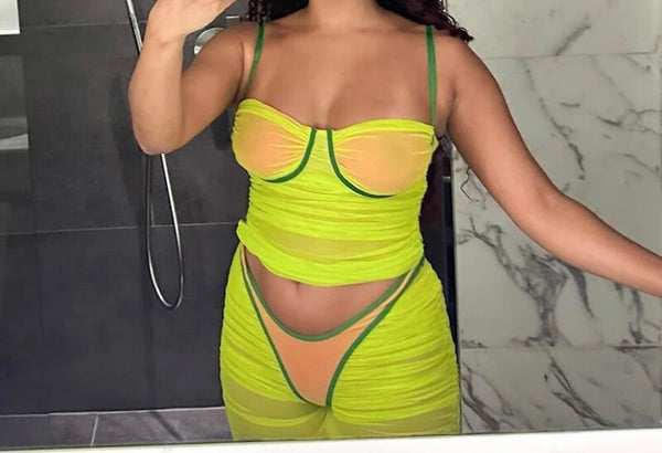 Women Sexy Sleeveless Two Piece Color Patchwork Mesh Skirt Set