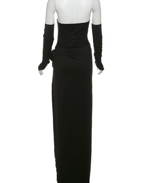 Women Sexy Strapless Bodysuit Glove Three Piece Maxi Skirt Set