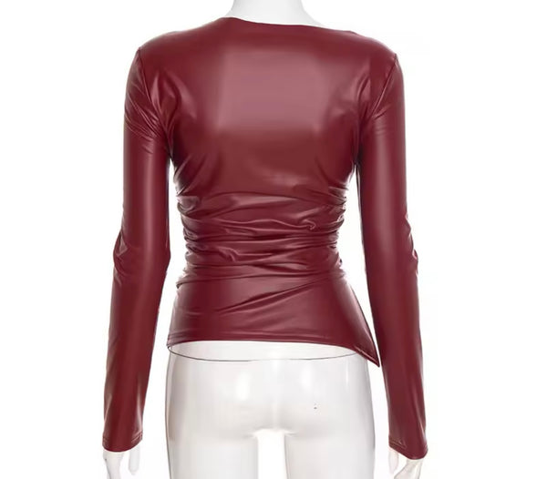 Women Color Fashion Faux Leather Full Sleeve Ruched Top