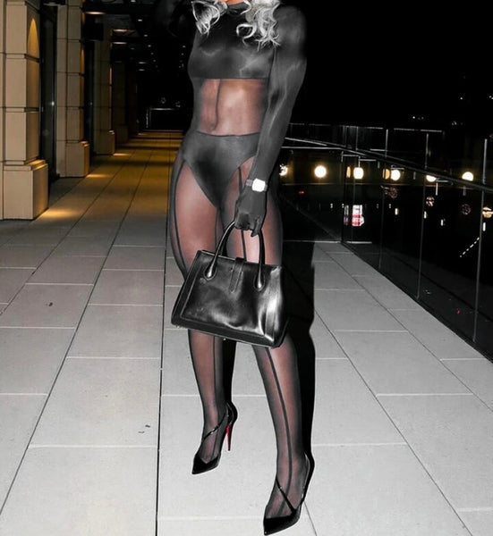 Women Sexy Glove Full Sleeve Feet In Mesh Patchwork Jumpsuit