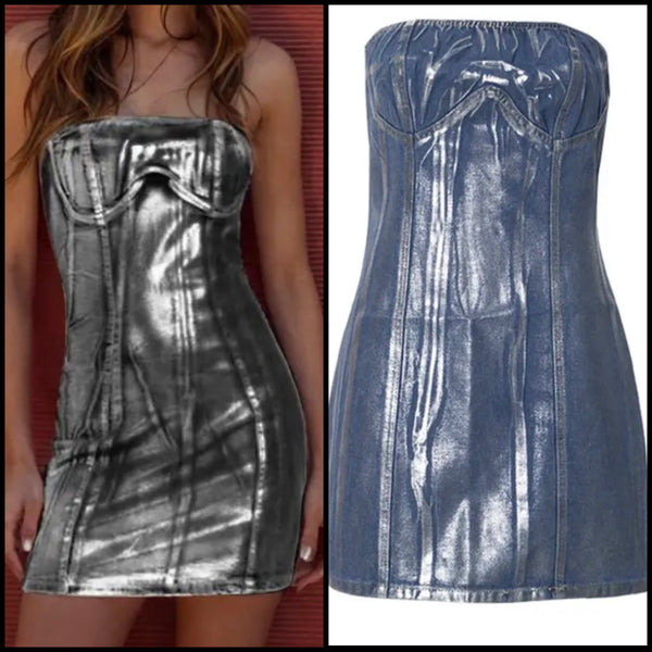 Women Sexy Fashion Strapless Metallic Denim Dress