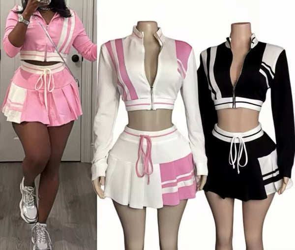 Women Zip Up Full Sleeve Color Patchwork Two Piece Pleated Skirt Set