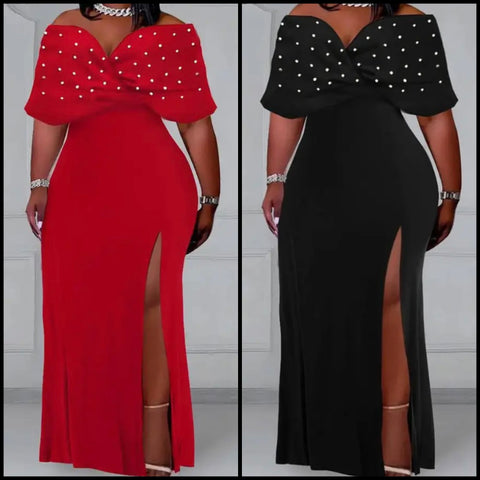 Women Sexy Off The Shoulder Bling Patchwork Side Split Maxi Dress