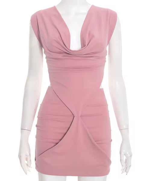 Women Sexy Cut Out Open Back Sleeveless Ruche Dress