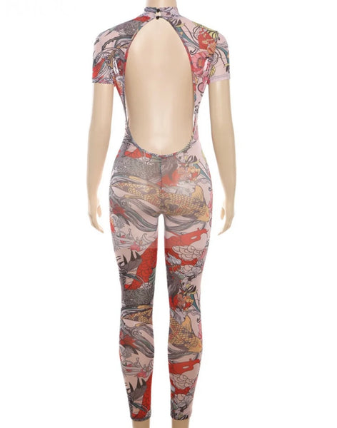Women Sexy Printed Mesh Open Back Short Sleeve Jumpsuit