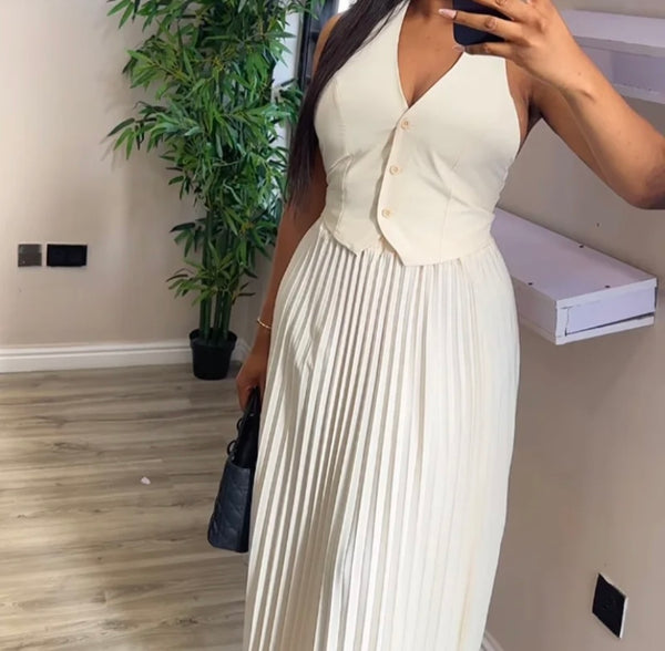 Women Sexy Button Up Sleeveless Vest Two Piece Pleated Skirt Set