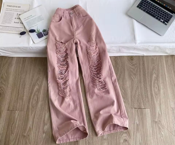 Women Fashion Pink Ripped Denim Pants